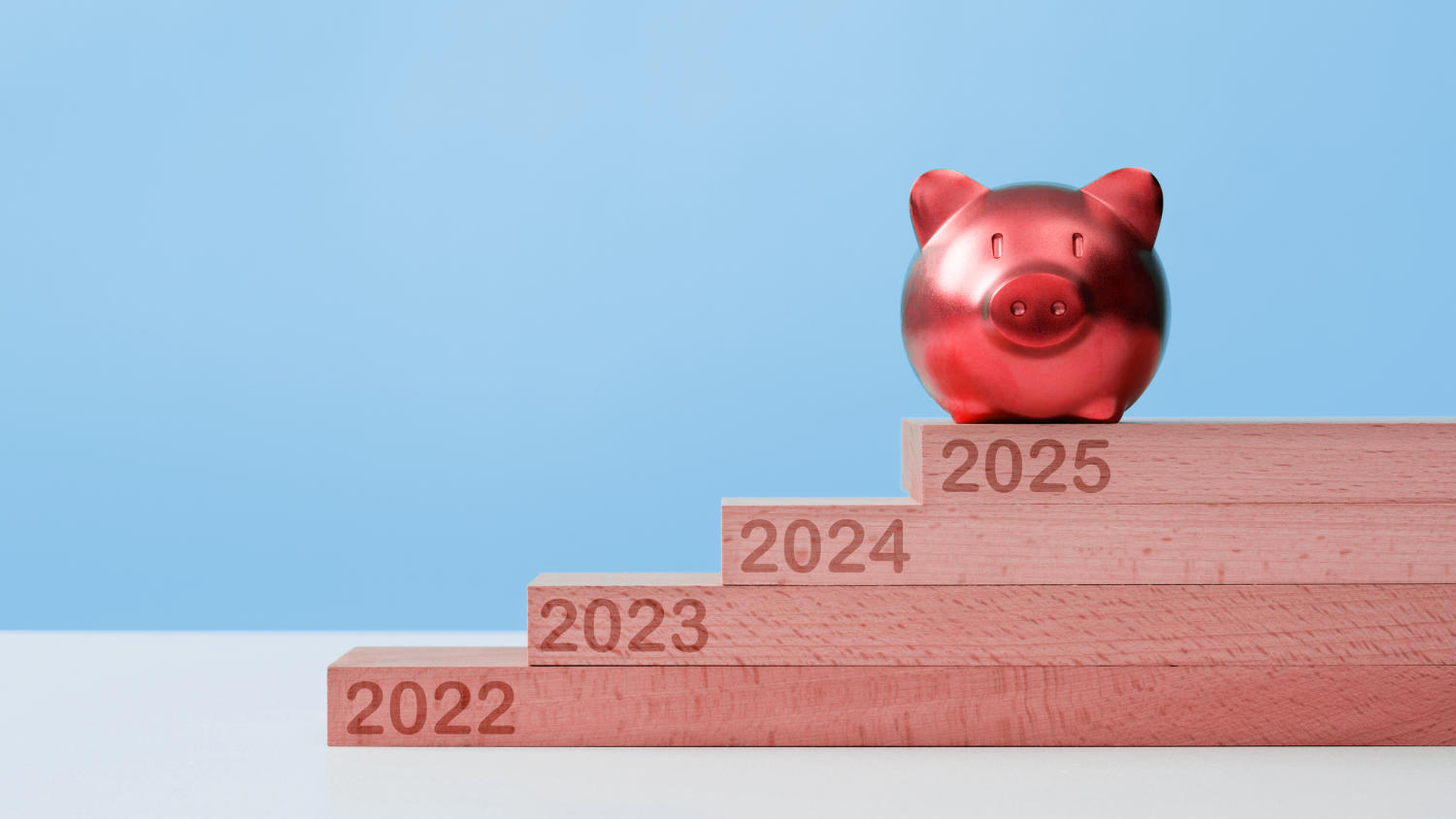 Świnka skarbonka stojąca na 4 podkładkach, na których widnieją kolejne lata od 2022 do 2025 symbolizująca zmiany w 2025 roku w podatku BPM w Holandii.