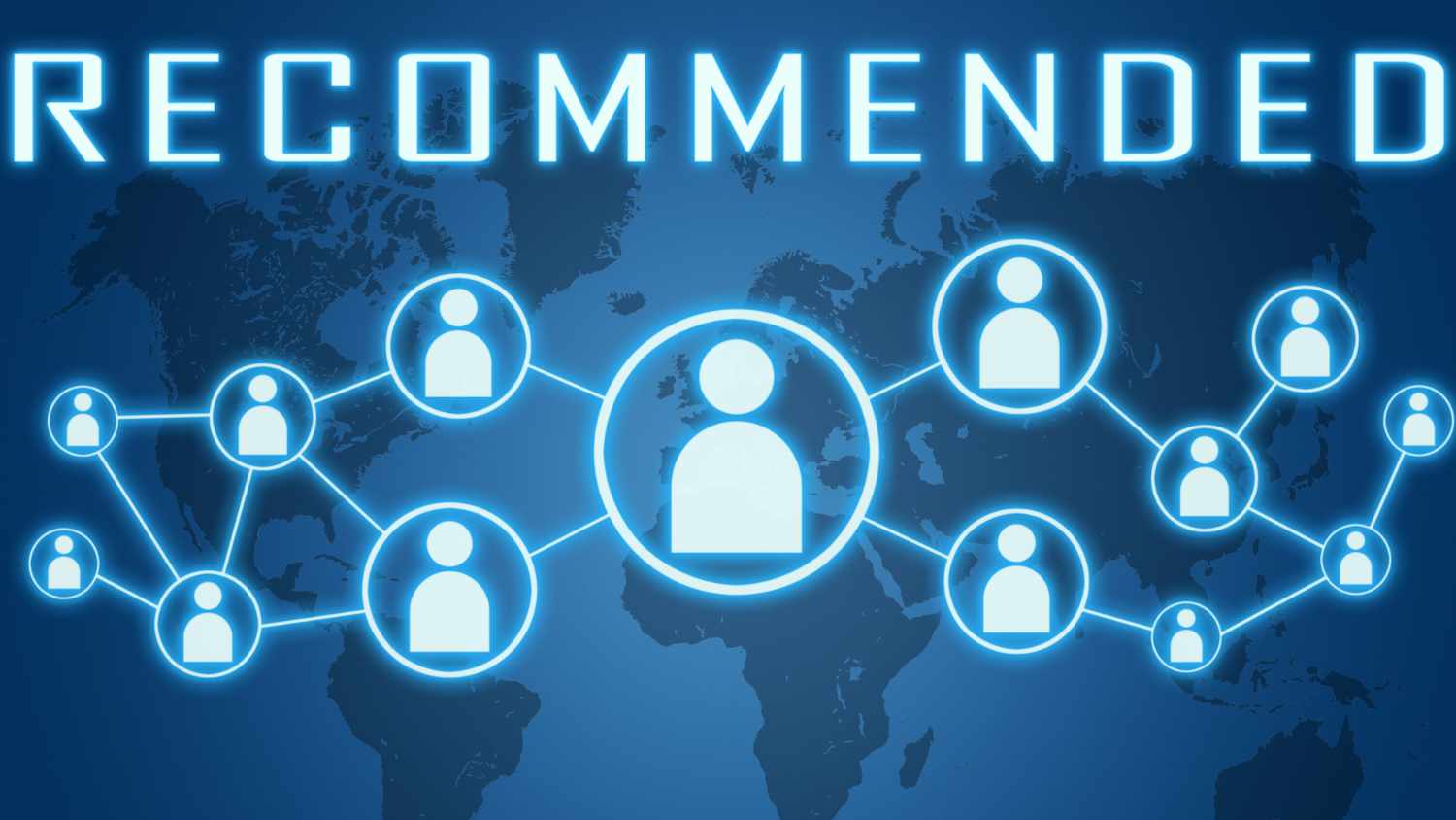 Napis Recommended i sieć połączeń między ludźmi na tle mapy świata, co pokazuje, jak ważne są opinie i rekomendacje, by zdobywać zlecenia jako ZZP-er w Holandii.